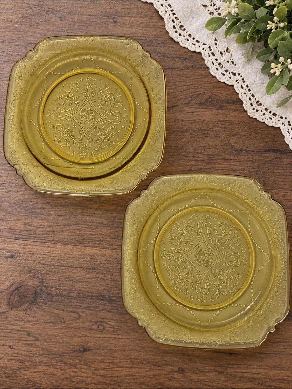 Vintage Amber Depression Glass Dinner Plates Set of 2 Square Ornate